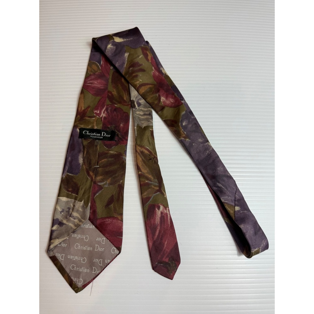 Christian Dior Necktie Olive Purple Floral Silk Fabric Woven In Italy USA Made - Picture 3 of 5